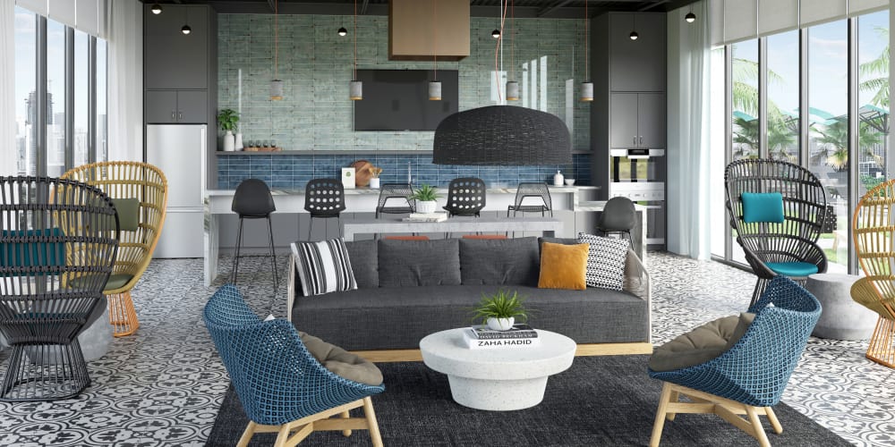 Modern design of the interior of an apartment at Yard 8 in Midtown Miami, Florida