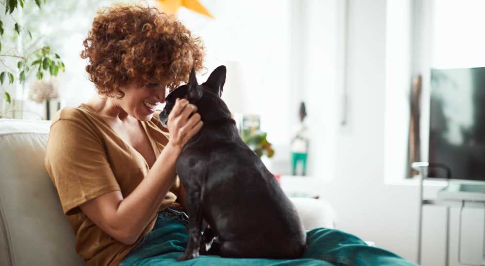 Resident playing with her dog in her spacious living room at The Arbors On Taylor in Montgomery, Alabama