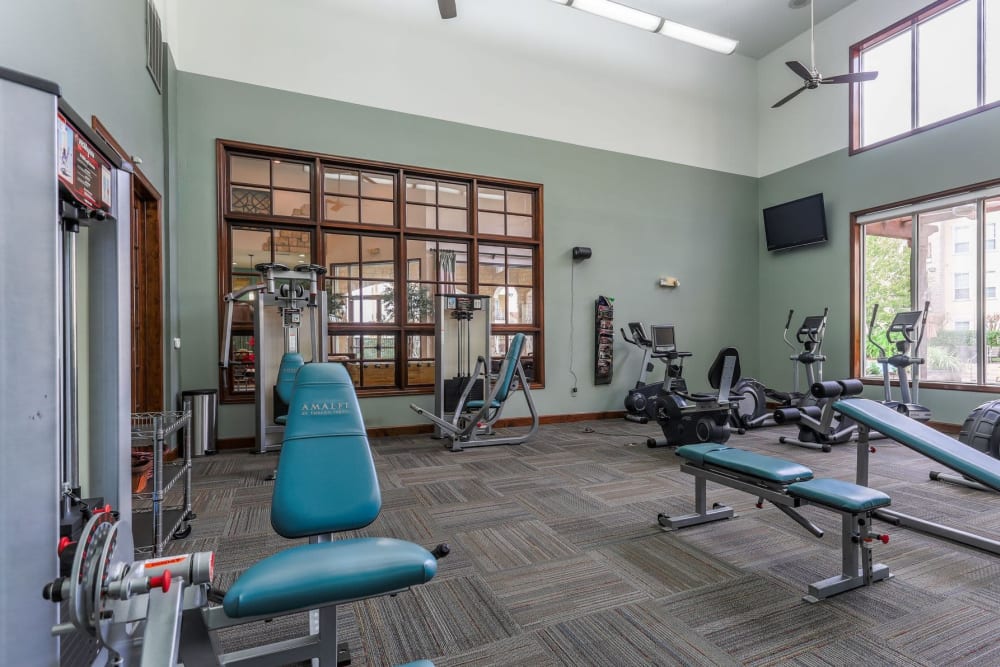 Well-equipped onsite fitness center at Amalfi at Tuscan Lakes in League City, Texas