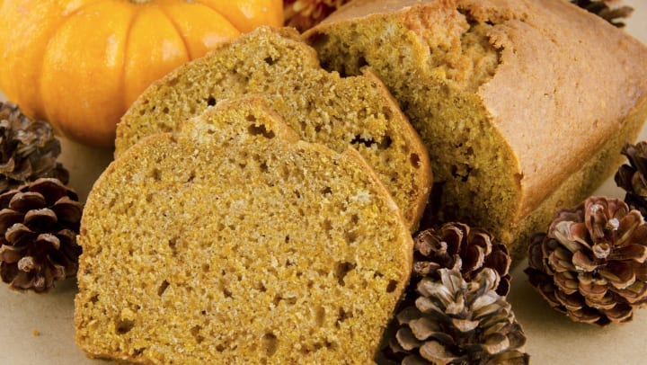Delicious looking pumpkin bread next to a pine cone and a small pumpkin at Olympus Auburn Lakes