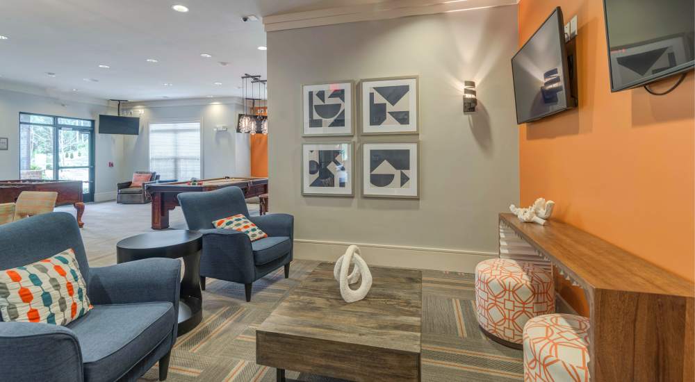 Clubhouse with entertainment lounge at Langford in Charlotte, North Carolina