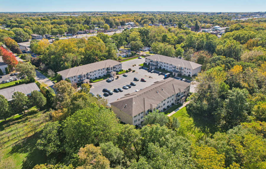 Drone shot of community at Maple Leaf Apartments in Merrillville, Indiana