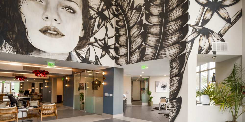 Clubhouse with a wall painting at The Oliver in Charlotte, North Carolina