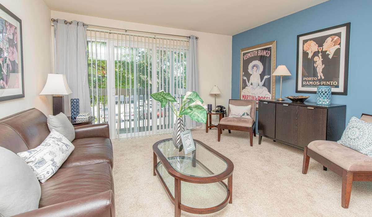Well-furnished living room in the apartment at The Pavilion in Maryland Heights, Missouri   