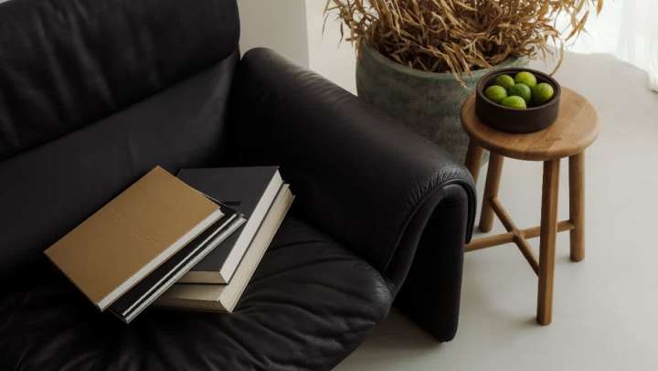 High-angle shot of a minimalist, modern interior. A stack of notebooks with black and tan covers rests on the arm of a black leather sofa. Next to the sofa is a light-wood stool holding a small wooden bowl filled with bright green limes. Behind the stool is a large, textured planter containing dry, straw-like decorative foliage. The room is brightly lit with a white floor.