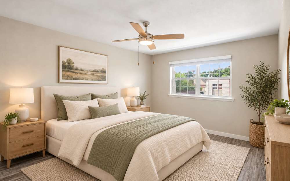 Living room with grey color furniture at Council Crossing Apartment Homes in Bethany, Oklahoma