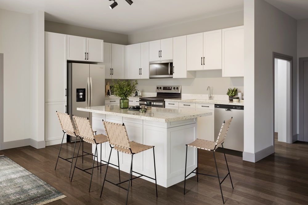 Kitchen with island at Pinyon Apartments in Reno, Nevada