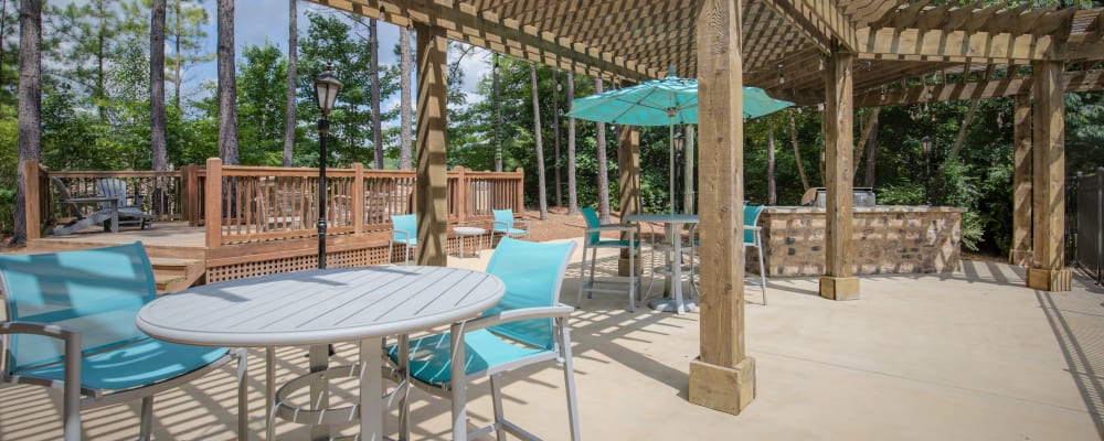 Seating under the pergola at Renaissance at Galleria in Hoover, Alabama