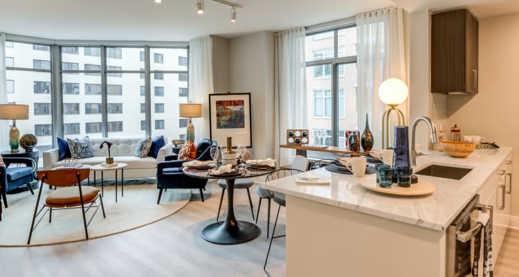 Luxury kitchen and Living Room in model home at Gallery Bethesda II in Bethesda, MD