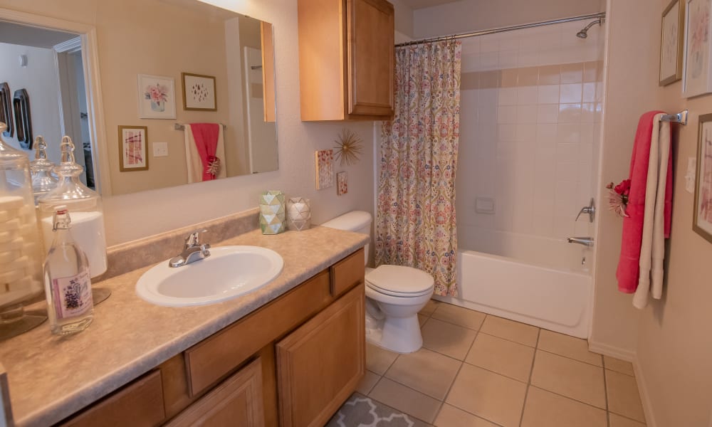 An apartment bathroom at Remington Apartments in Amarillo, TX