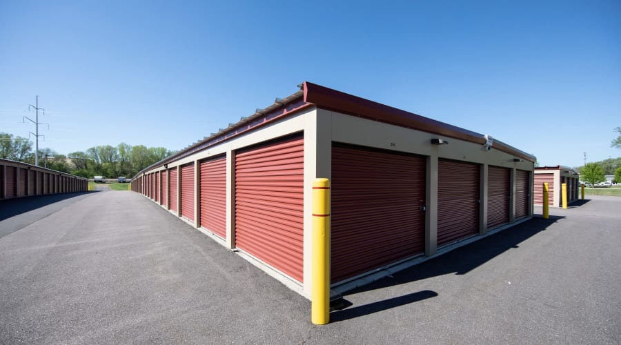 A red storage unit with a lock at KO Storage in Portage, Wisconsin