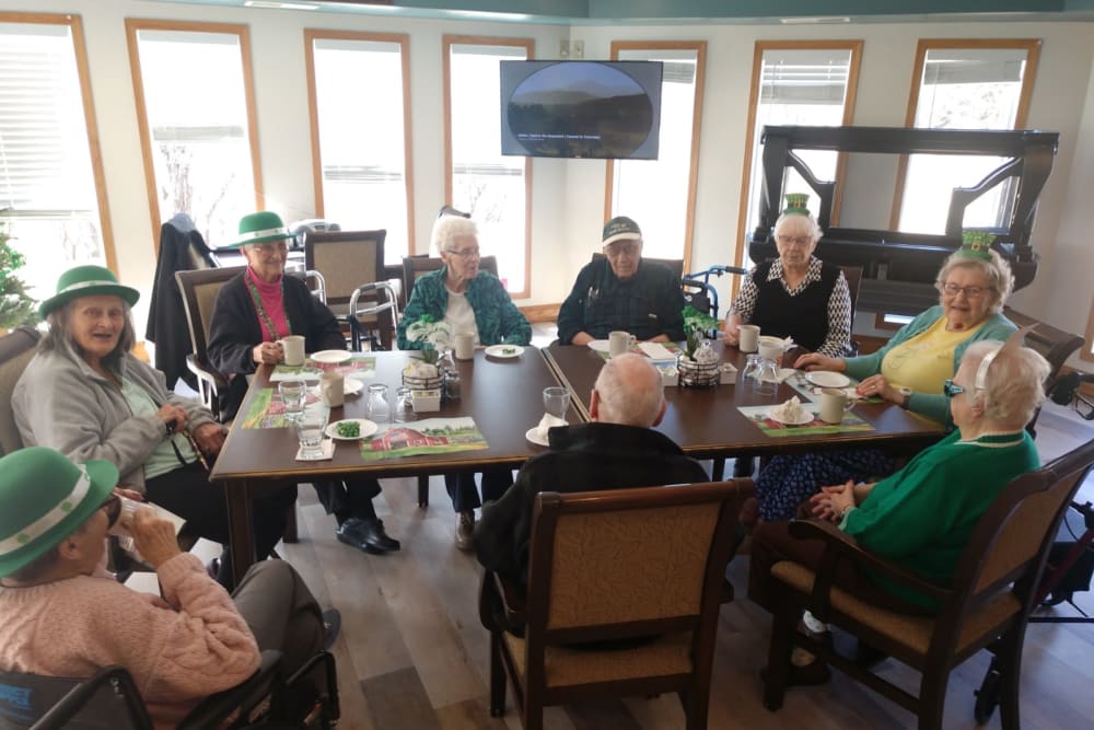 Residents celebrating St. Patrick Day at Whispering Oak Place in Ellendale, Minnesota