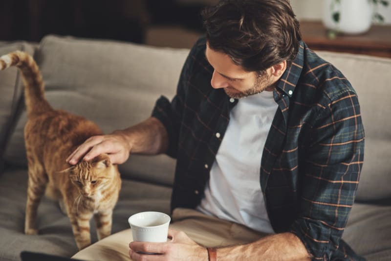 Resident and his cat playing in their new apartment at Aspire at 610 in Houston, Texas