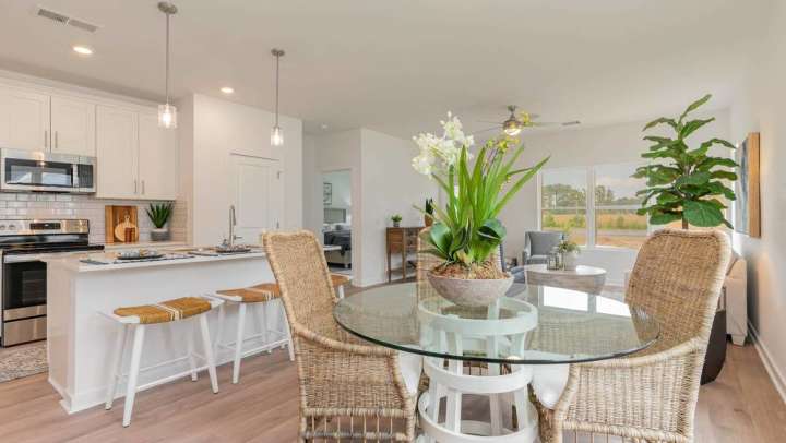 Modern vibrant living room with open kitchen