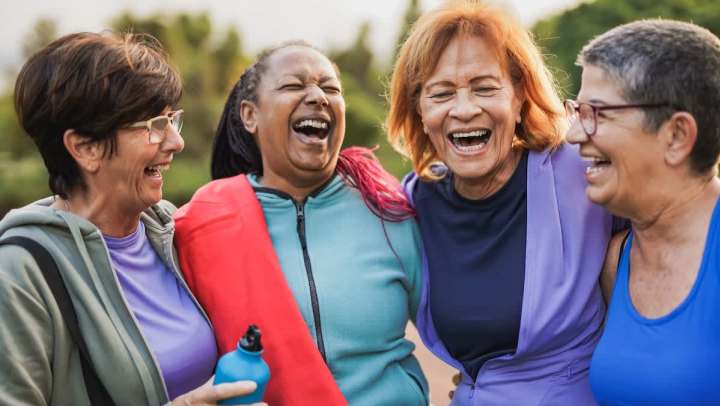 Residents enjoying laughter and friendship at Watermere at Firewheel in Garland, TX, during an outdoor social gathering.