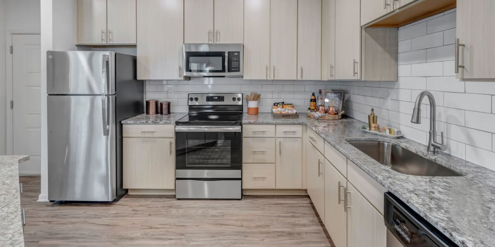 Model kichen with granite countertops at Tapestry Westland Village in Jacksonville, Florida
