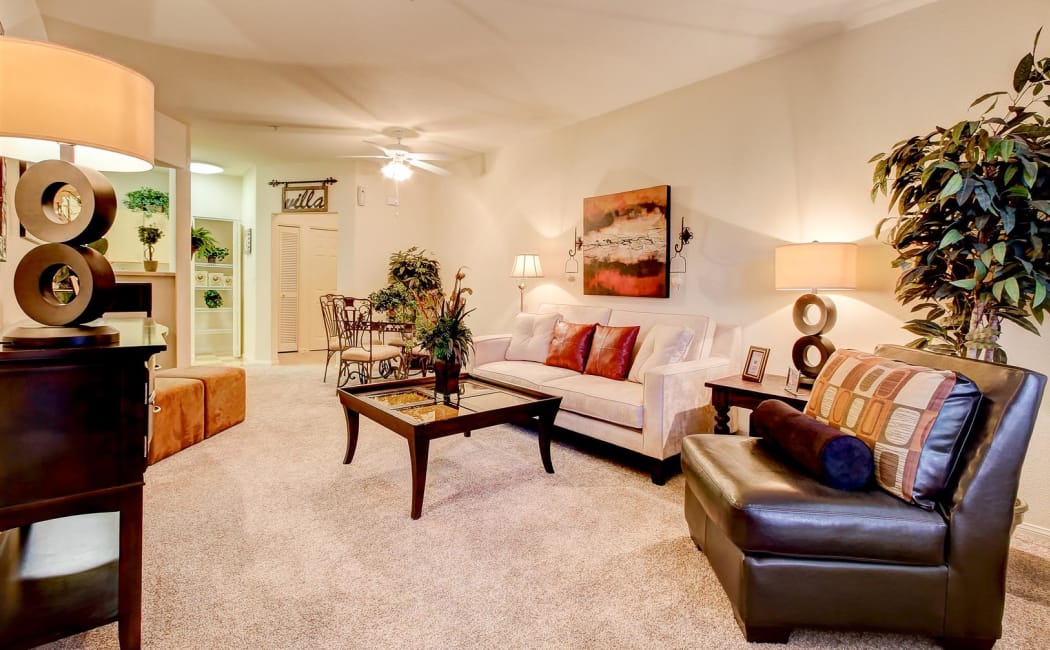 Well-decorated living room in model home at Brooks Landing in Modesto, CA