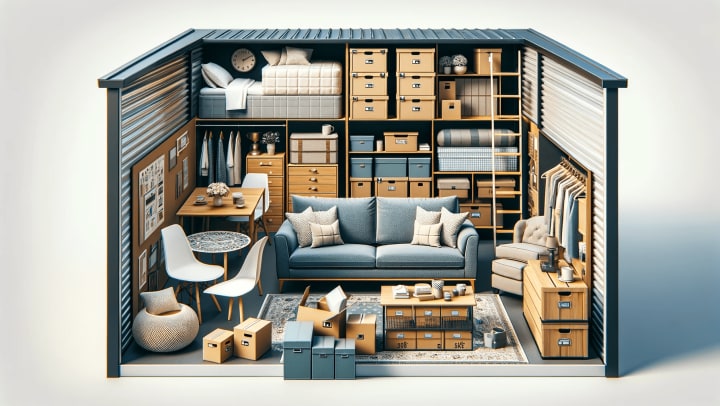 Interior view of a neatly organized 10x10 storage unit showing an efficient arrangement of household items including a sofa, queen-sized bed, boxes, and a dining set.