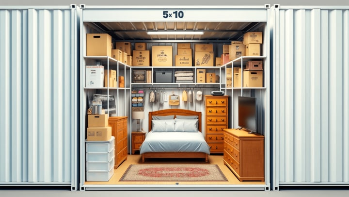 A well-organized 5x10 storage unit displaying a queen-sized bed, dresser, TV, and several boxes, arranged to maximize space efficiency with clear pathways and strategic vertical storage. modSTORAGE Monterey, CA