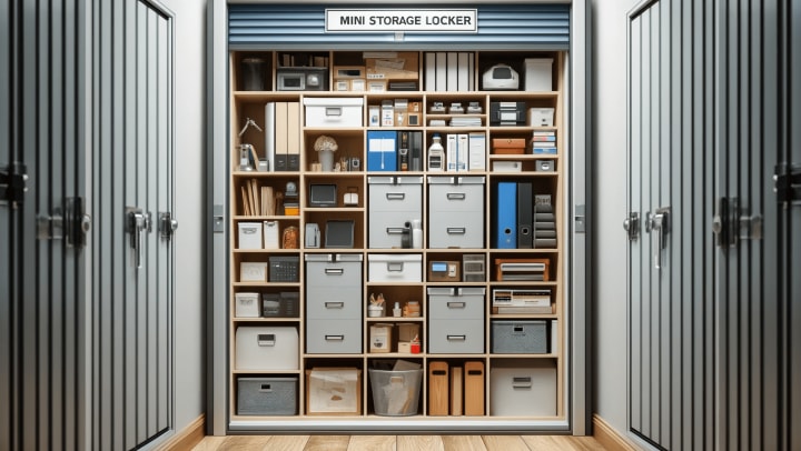 A mini storage locker efficiently organized with shelves, bins, and labels, filled with documents, small electronics, and personal items, demonstrating effective space utilization - 1118 Airport Rd, Monterey, CA 93940