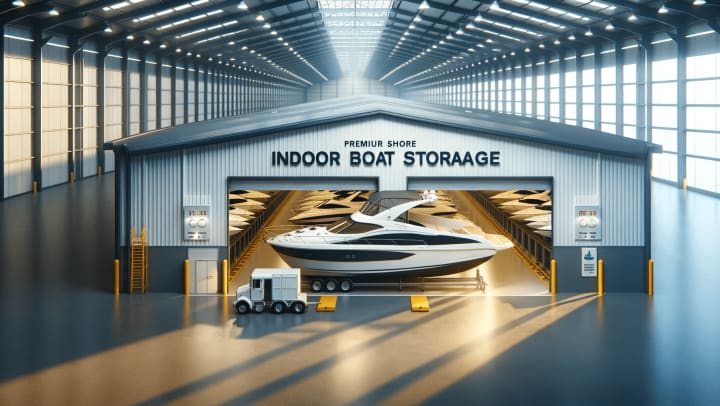 A high-end indoor boat storage facility with climate control and advanced security systems, showcasing a clean, well-lit warehouse with neatly stored boats, offering superior protection and maintenance. modSTORAGE 1118 Airport Rd, Monterey, CA 93940
