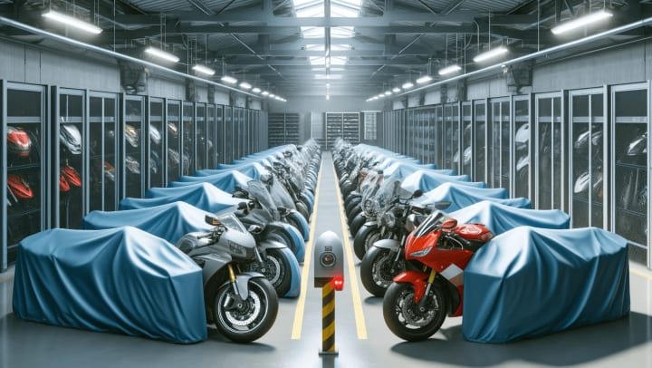 A secure indoor motorcycle storage facility with various motorcycles covered and neatly parked, featuring security cameras and controlled access for optimal long-term protection. modSTORAGE 1118 Airport Rd, Monterey, CA 93940