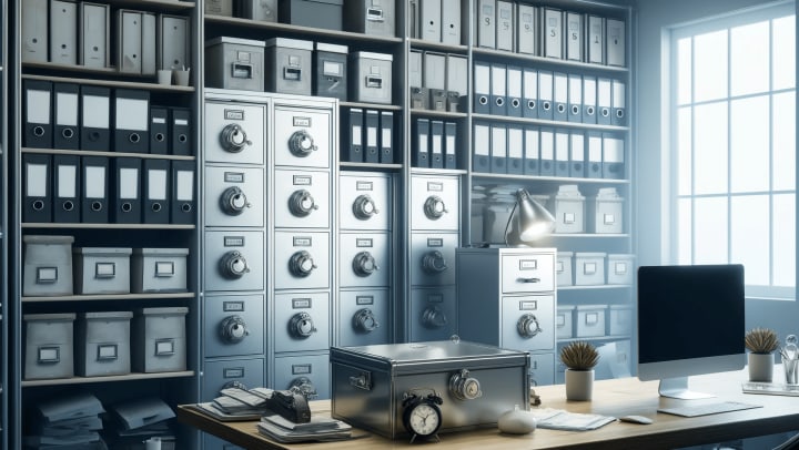 An organized office setting featuring secure physical document storage solutions such as metal file cabinets and safety deposit boxes, demonstrating effective practices for managing and securing sensitive information. modSTORAGE 1118 Airport Rd, Monterey, CA 93940