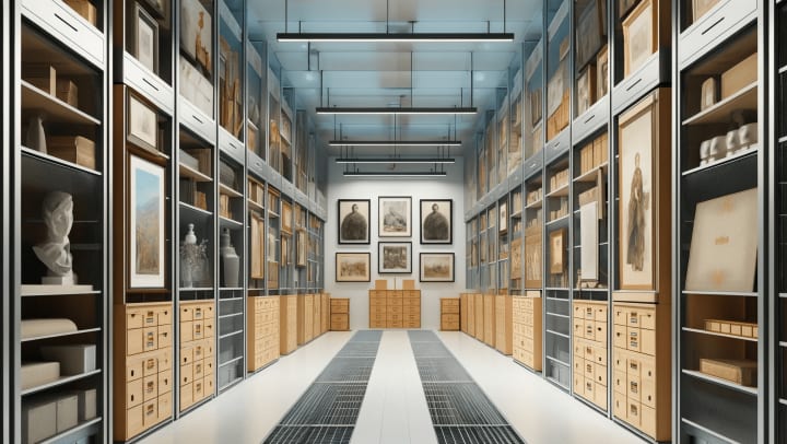 A professional art storage facility with climate-controlled rooms, showcasing various types of artworks stored on archival racks and in custom cabinets, designed to maintain optimal conditions for art preservation at modSTORAGE 1118 Airport Rd, Monterey, CA 93940