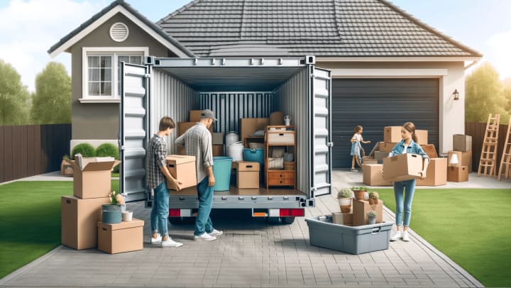 A family loading their belongings into a portable storage container outside their home, showcasing the convenience and accessibility of portable storage for moving, with items including boxes and furniture. modSTORAGE 1118 Airport Rd, Monterey, CA 93940