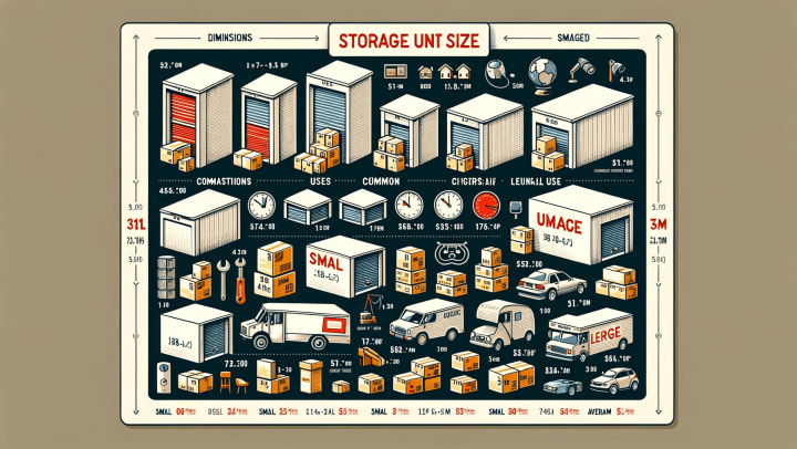 A detailed infographic displaying various storage unit sizes from small to large, each with corresponding items typically stored within, including dimensions, common uses, and average price ranges, designed to help readers understand the options and costs associated with different storage unit sizes. at modSTORAGE 1118 Airport Rd, Monterey, CA 93940