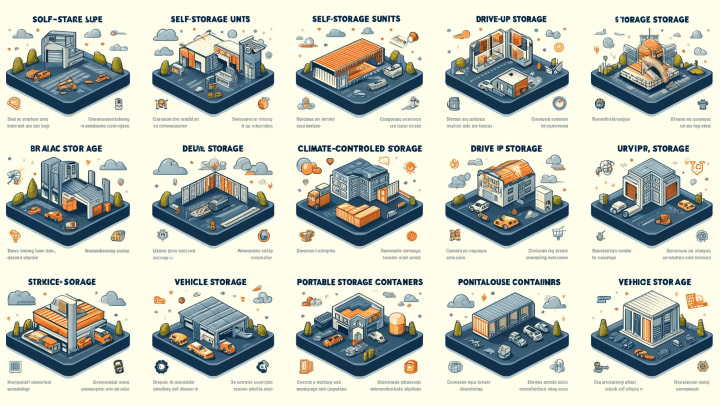 A comprehensive infographic illustrating various types of storage solutions, including self-storage units, climate-controlled storage, drive-up storage, vehicle storage, portable storage containers, and warehouse storage, complete with icons and brief descriptions of their benefits and ideal use. located at modSTORAGE 1118 Airport Rd, Monterey, CA 93940