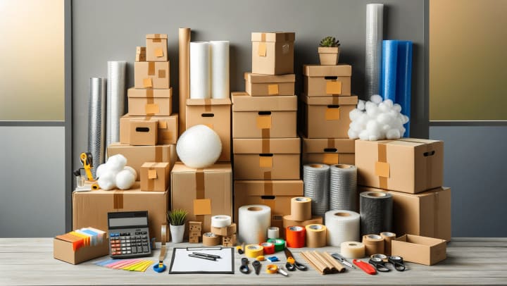 A well-organized array of essential moving supplies, including various sizes of boxes, rolls of bubble wrap, packing tape dispensers, and foam pouches, set up in a workspace ready for a successful relocation. modSTORAGE 1118 Airport Rd, Monterey, CA 93940