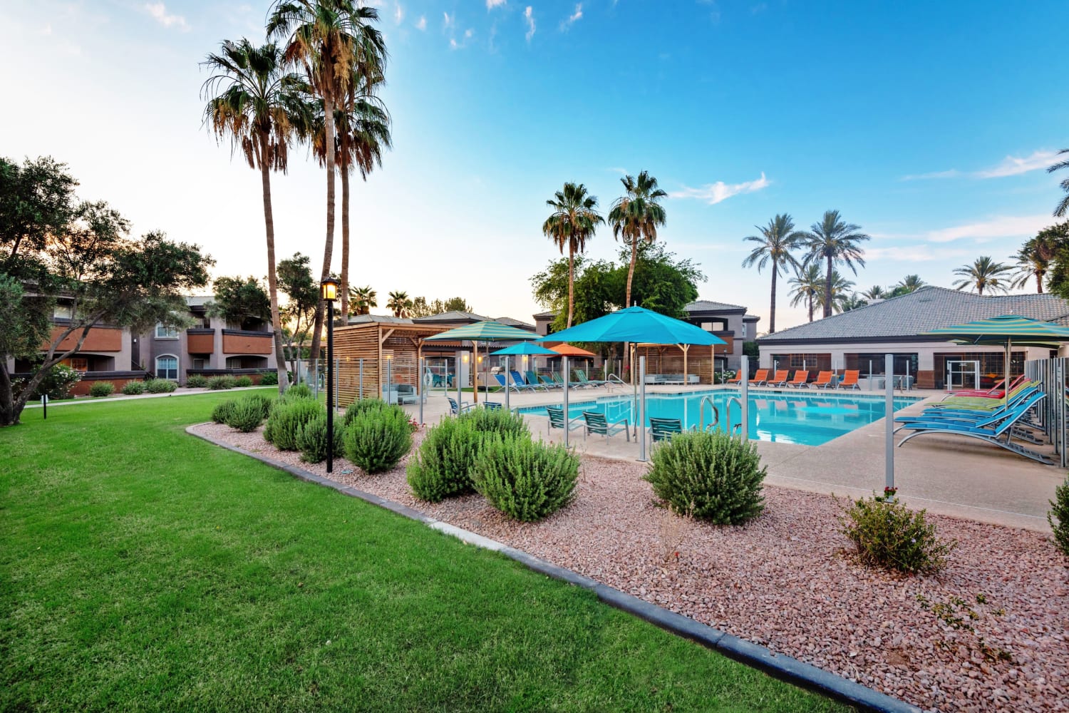 Lawn and pool at Luxe @ Ocotillo in Chandler, Arizona