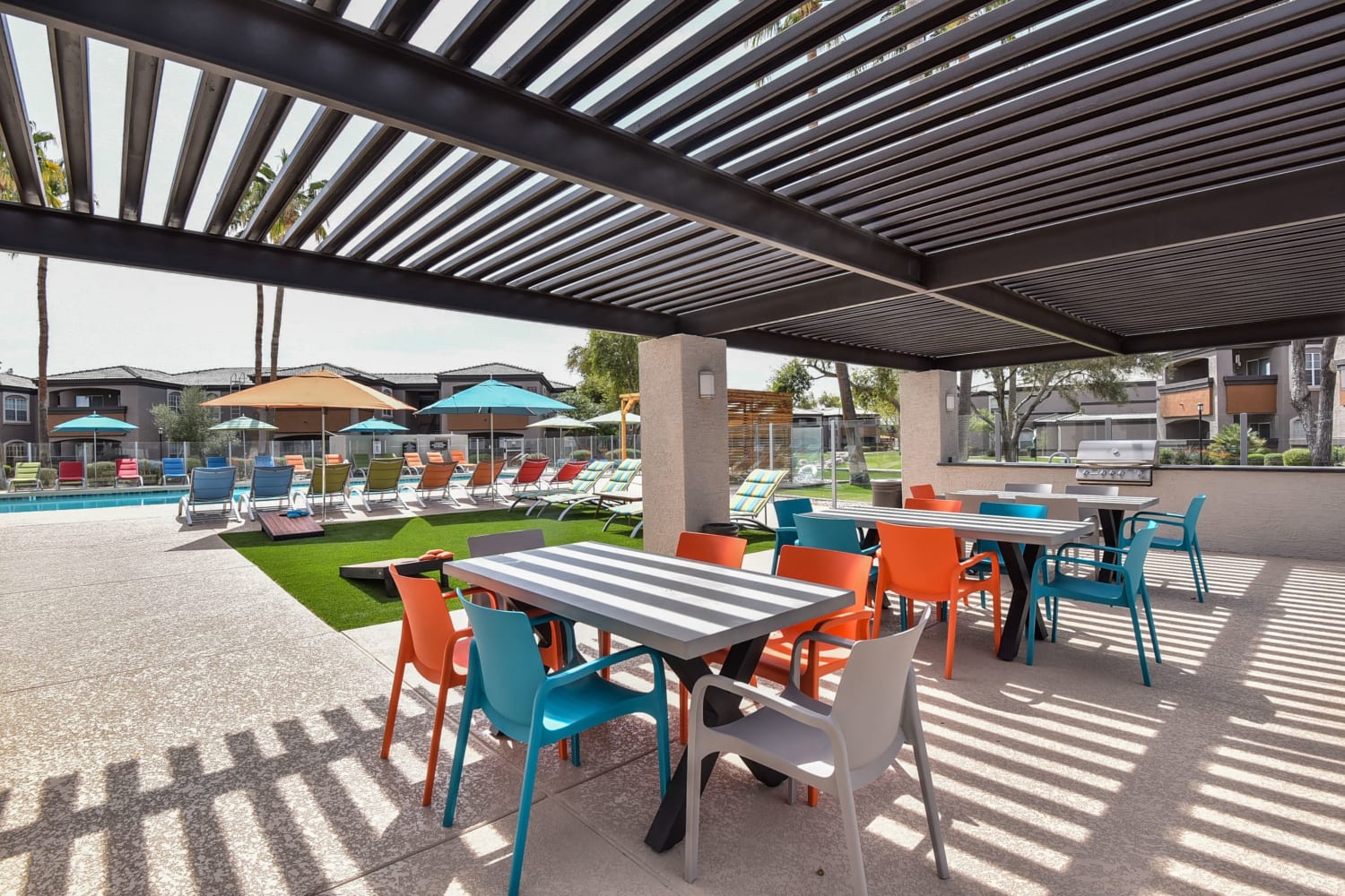 Patio seating at Luxe @ Ocotillo in Chandler, Arizona