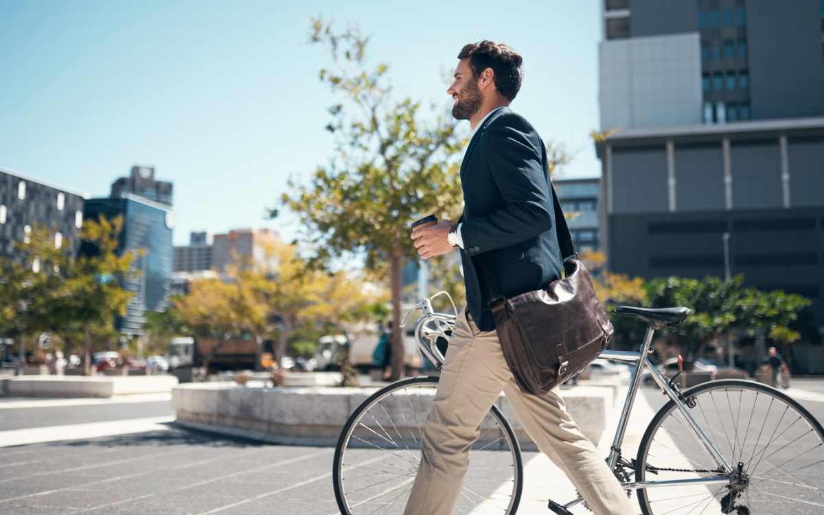 Resident commuting to work by bike at 27 Elm in Redmond, Oregon