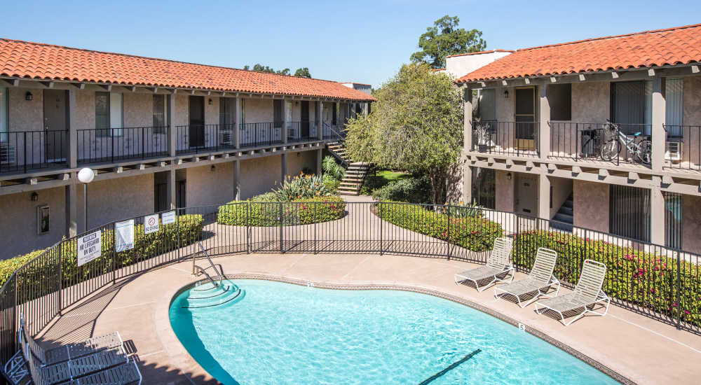Sparkling swimming pool at  Casa Madrid in Cypress, California