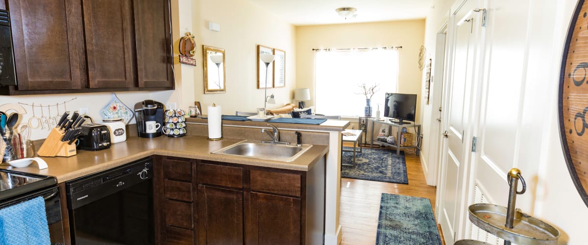 A kitchen with a stainless-steel sink at Beacon Springfield in Springfield, Missouri