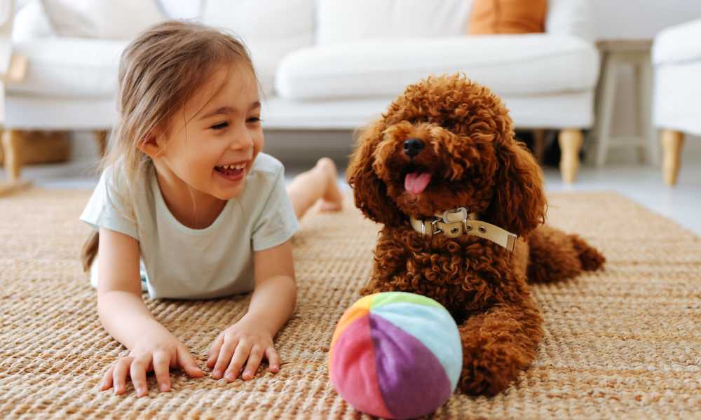 Resident kid playing with her dog at Burgess Mill Station in Ellicott City, Maryland