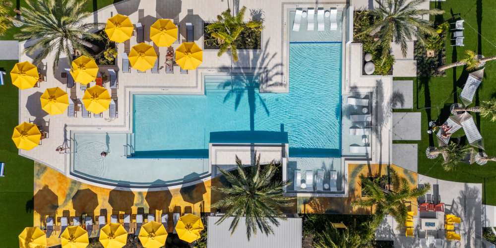 Aerial shot of the community swimming pool at Addison Square in Viera, Florida