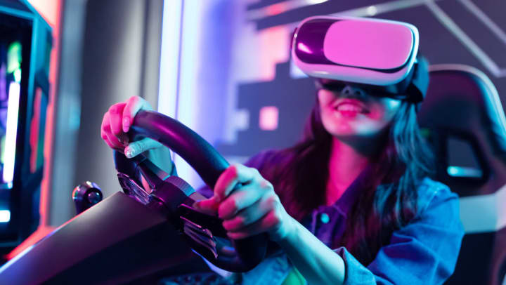 A young woman wearing a VR headset | game stores around Gilbert