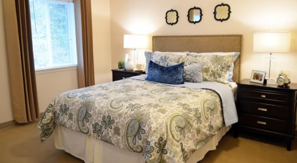 A model resident bedroom at Patriots Glen in Bellevue, Washington. 