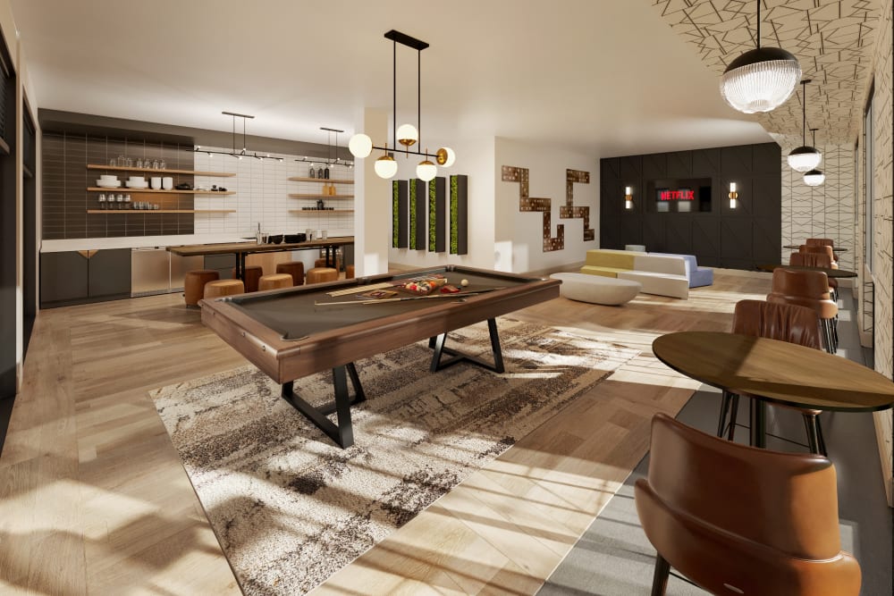 Clubhouse with pool table at Pinyon Apartments in Reno, Nevada