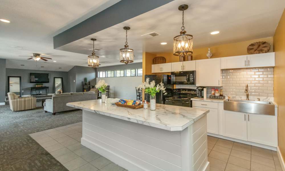 Clubhouse with seating area and kitchen