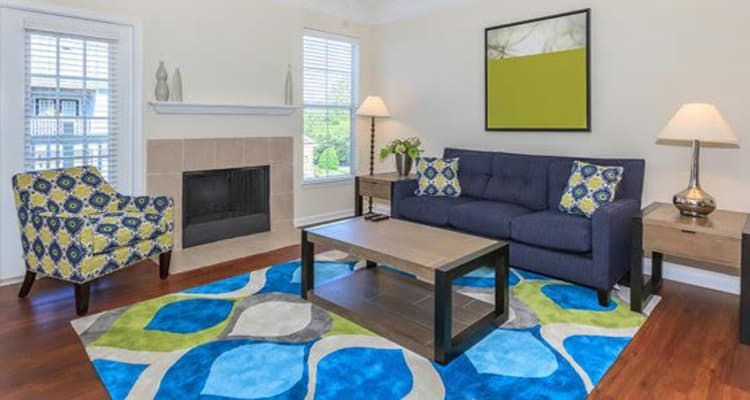 Modern decor in spacious living room of model home at Highlands at Alexander Pointe in Charlotte, North Carolina