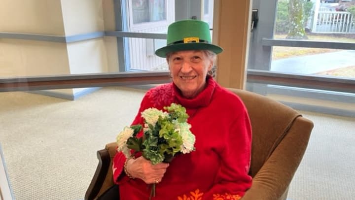 Virginia Stuart, a resident at The Country House Assisted living, celebrates the “luck of the Irish” while rejoicing in the many lucky events in her life.