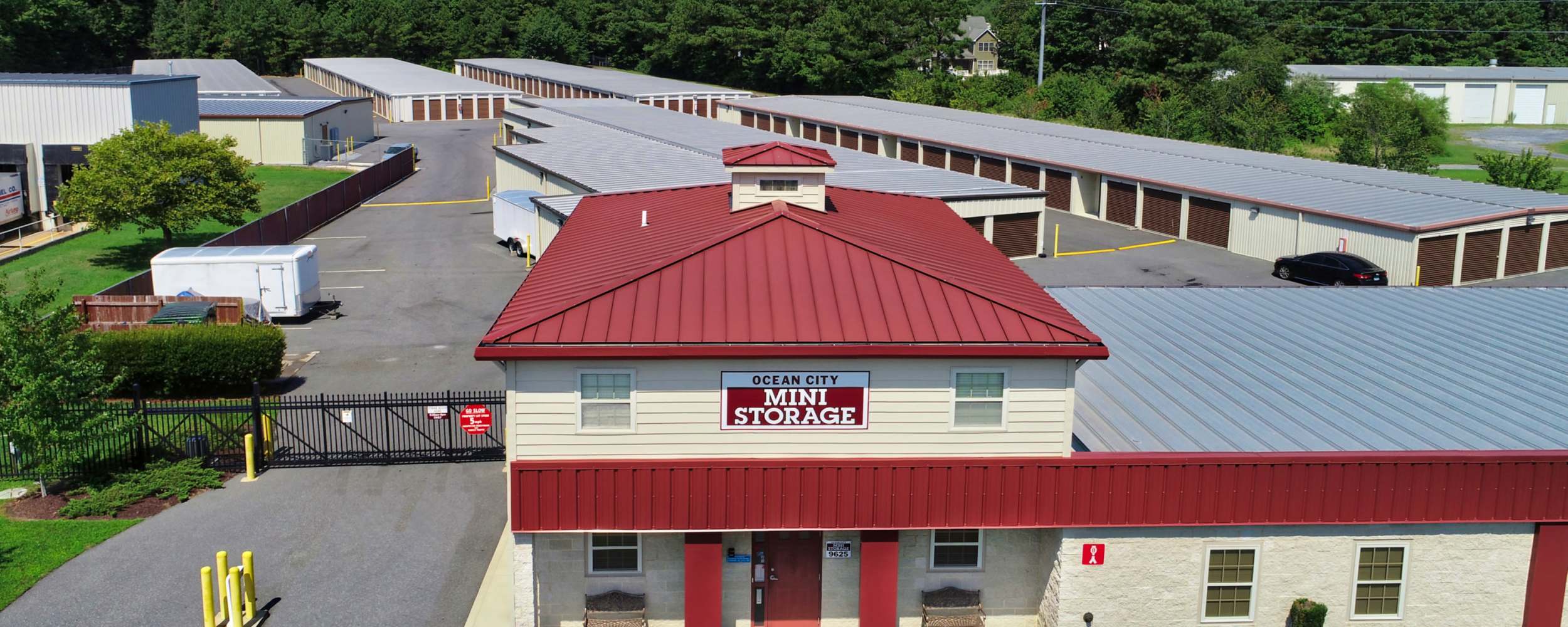 Aerial view of the leasing office and exterior units at Ocean City Mini Storage in Ocean City, Maryland