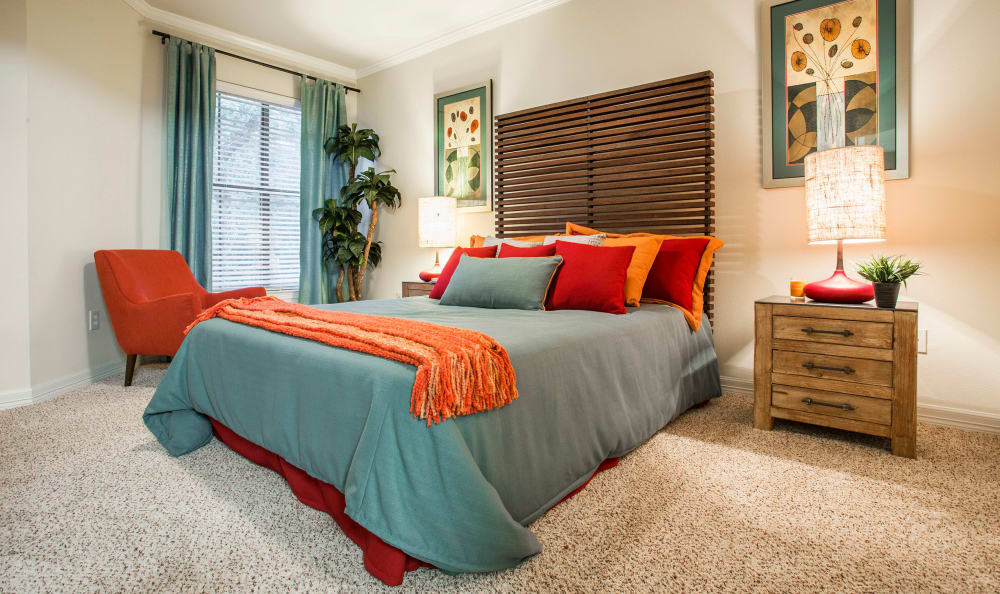 Plush carpeting in the spacious master bedroom of a model home at Riata Austin in Austin, Texas