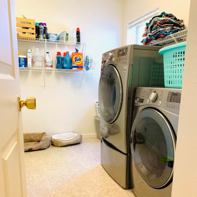 Storage shelves in a laundry room at Olympic Grove in Joint Base Lewis McChord, Washington