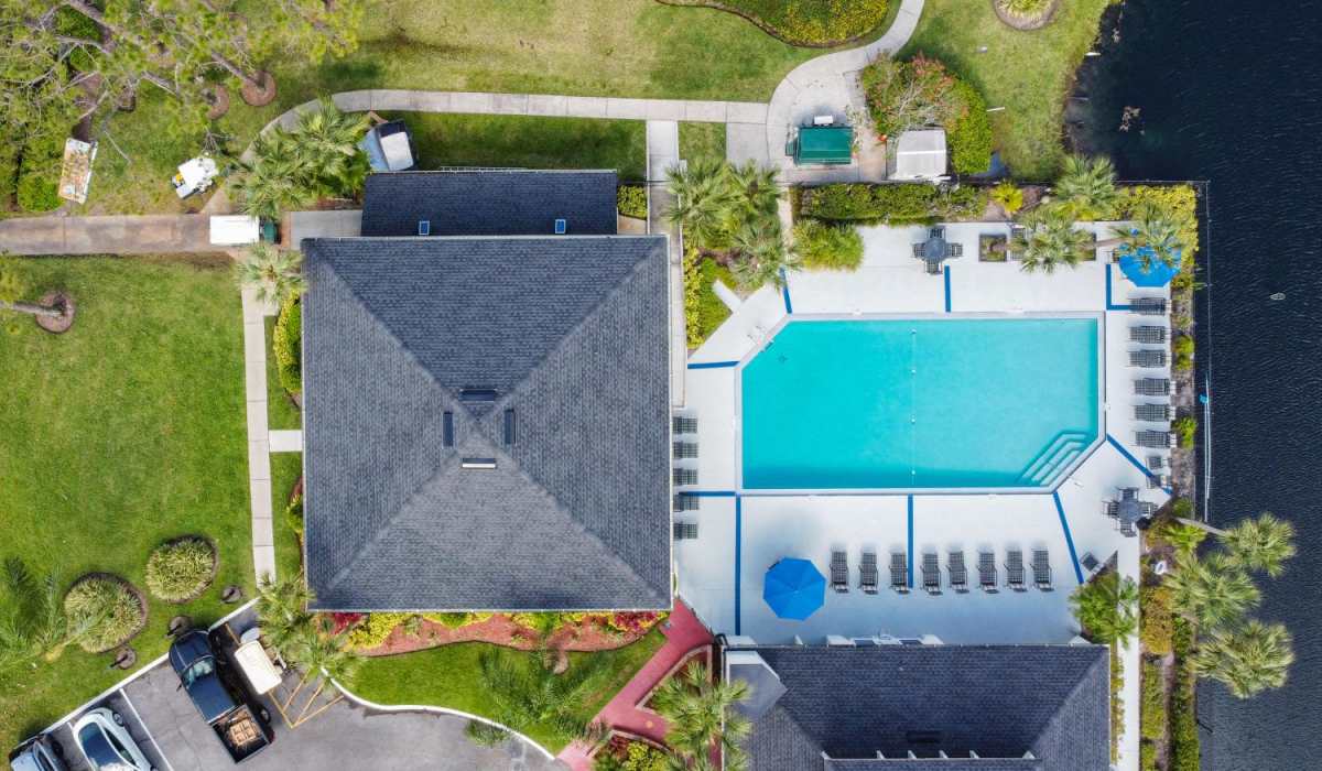 Aerial view of apartments with pool at Cypress Run in Orlando, Florida