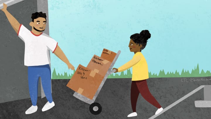 A cartoon drawing of a couple moving boxes on a dolly out of a moving truck and into a storage unit